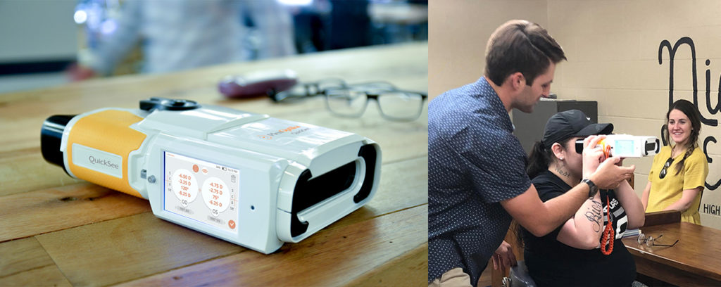 Left: The QuickSee handheld autorefractor; Right: Dr Garret Wentz using QuickSee in his community vision clinic