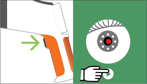 When the display turns green, the device is ready to measure. Press the button on the screen or the start button on the handle.