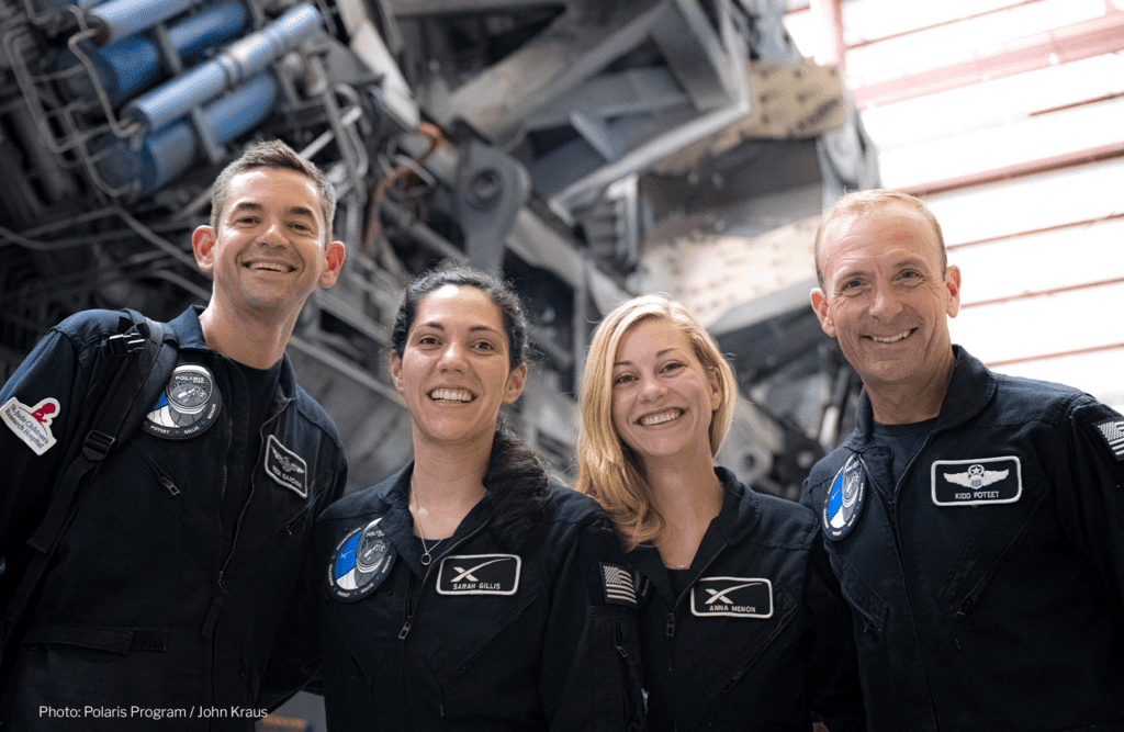 Polaris Dawn crew, from left to right: Jared Isaacman. Sarah Gillis. Anna Menon, and Scott Poteet. Photo: Polaris Program / John Kraus