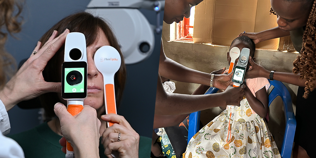 Split image of people using QuickSee Free to measure patients in the clinic and in glbal health outreach