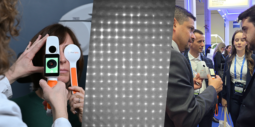 Images of a patient being refracted with QuickSee Free, a Shack-Hartmann spot diagram, and a distributor demonstrating QuickSee Free