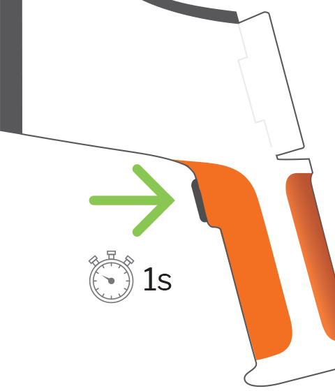 Illustration showing to hol the trigger for 1 second to start measurement.