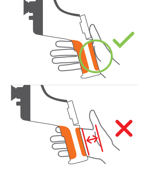 Illustrations showing the correct grip of the device, with the back of the handle seated against the base of the thumb.