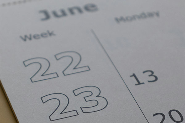 Close up of calendar weeks 22 and 23 in June