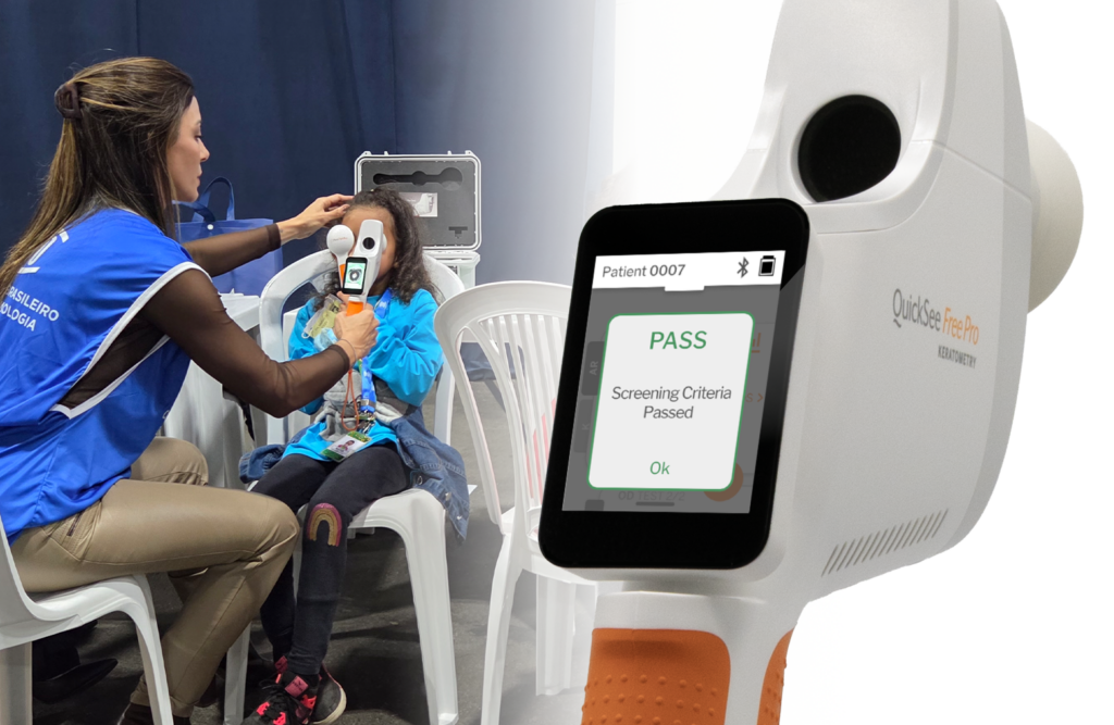 Split picture of a volunteer performing a vision screening on a child with QuickSee Free against a close-up of QuickSee Free Pro showing screening results on the device screen